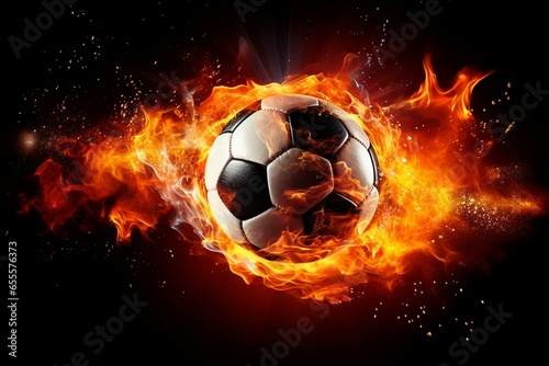 Burning soccer ball with water on dark background. High-quality image for soccer poster. Generative AI
