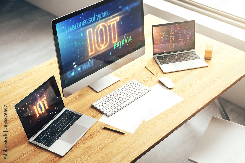 Creative IOT concept on modern laptop screen. 3D Rendering Creative IOT concept on modern laptop screen. 3D Rendering