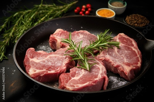 Ready-to-cook raw lamb, steaks in a frying pan with herbs