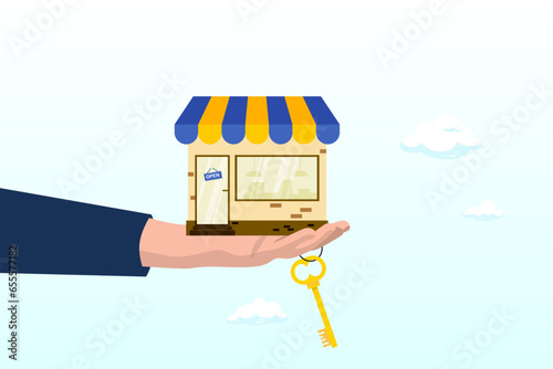 Businessman hand hold small business shop with golden key, small business key to success, open new shop, start new business or company, entrepreneur or SME, growing or increase product sale (Vector)