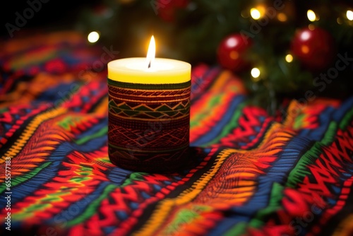 close-up of unlit patterned kwanzaa candle on a woven mat