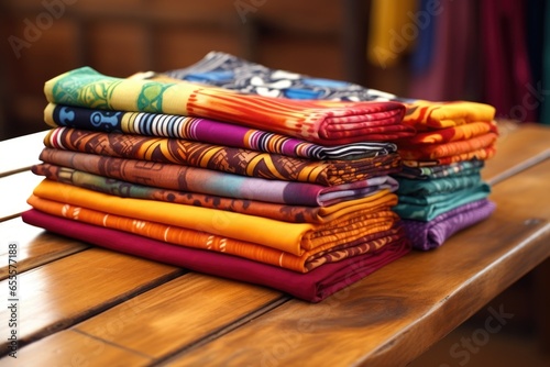 brightly colored african textiles folded neatly on wooden table