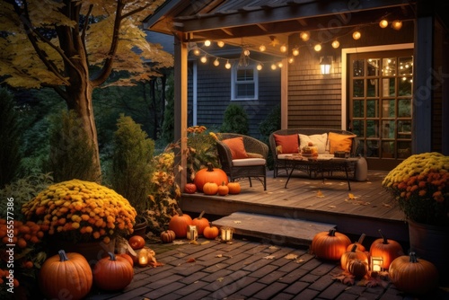 well-lit back porch with pumpkins grouped together