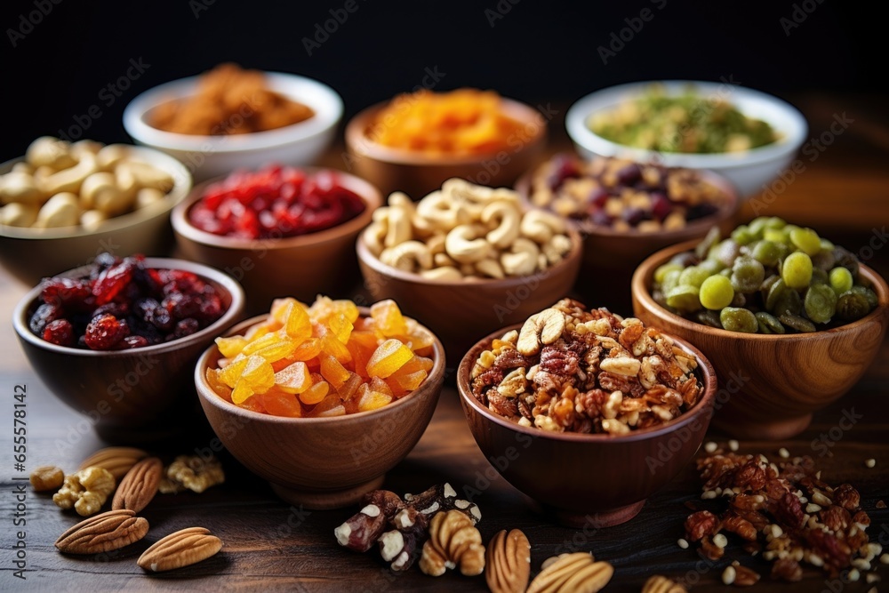 cereal bowls with various nuts and dried fruits