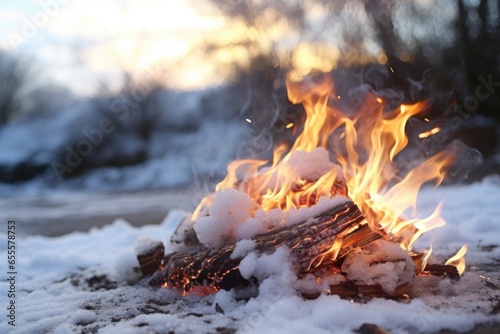 a close-up of snow melting around a thriving bonfire © altitudevisual