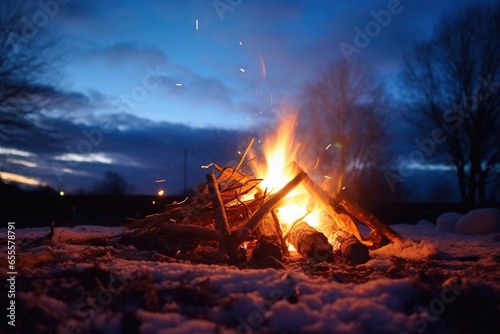small bonfire glowing softly against dark winter sky