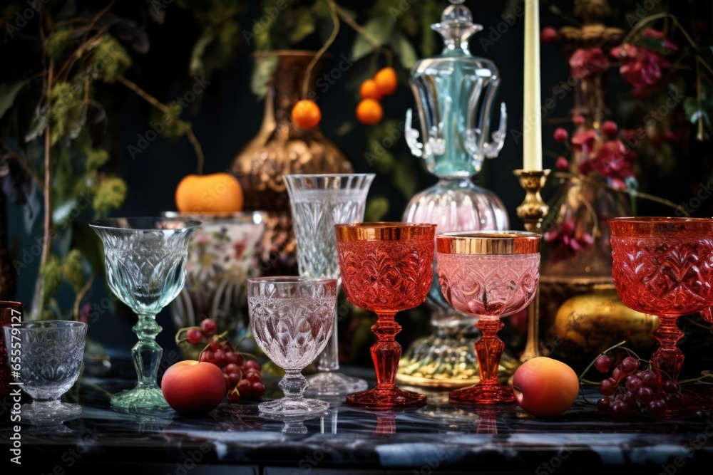 ornate glassware arranged on a christmas table