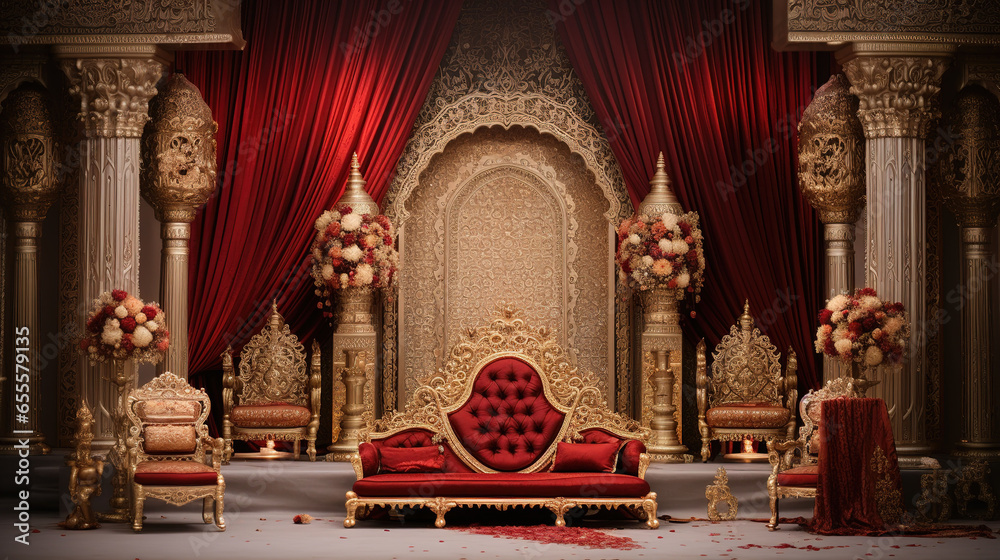 Magnificent Indian Wedding Stage, Flower Arrangements, Cascading Fabrics, Intricately Carved Thrones - obrazy, fototapety, plakaty 