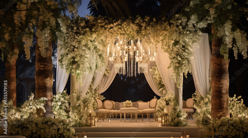 Romantic Arabic Wedding Garden, Lush Greenery, Flower Arrangements, Twinkling Lights and Comfortable Seating Areas