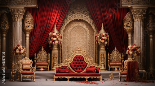 Magnificent Indian Wedding Stage, Flower Arrangements, Cascading Fabrics, Intricately Carved Thrones photo