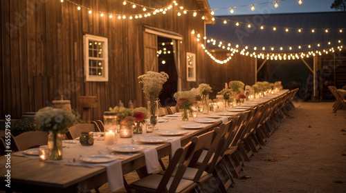 Concept Romantic Rustic Barn Wedding with String Light and Wood Beams