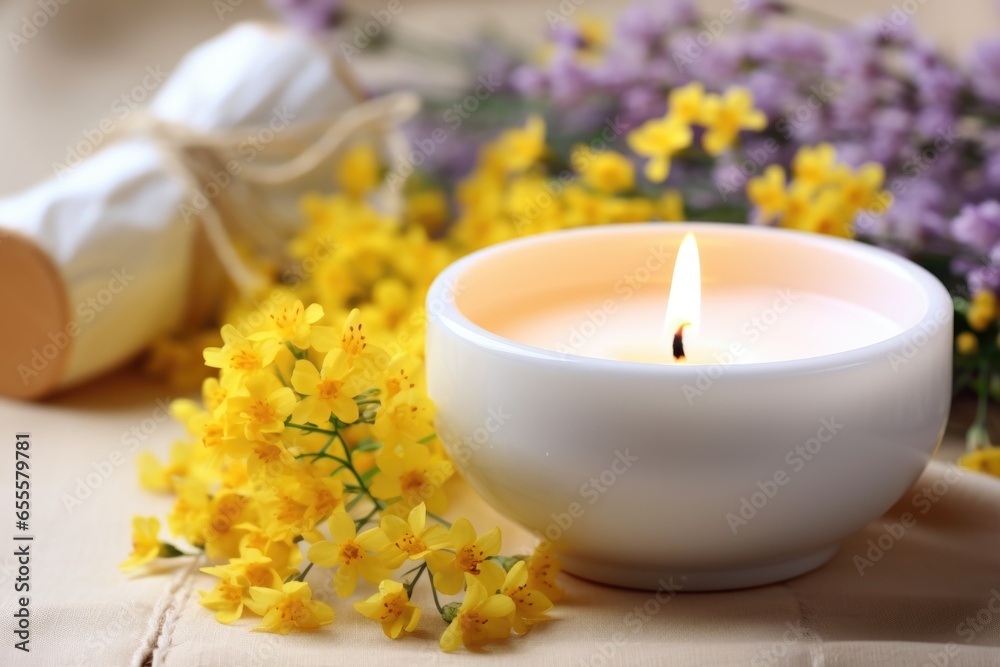 aromatherapy candle with flowers in the background aromatherapy candle with flowers in the background