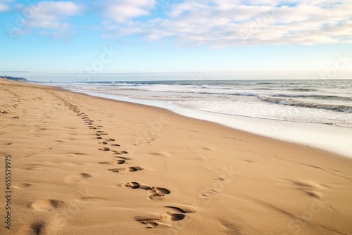 an untouched sandy beach with footprints leading out into the horizon