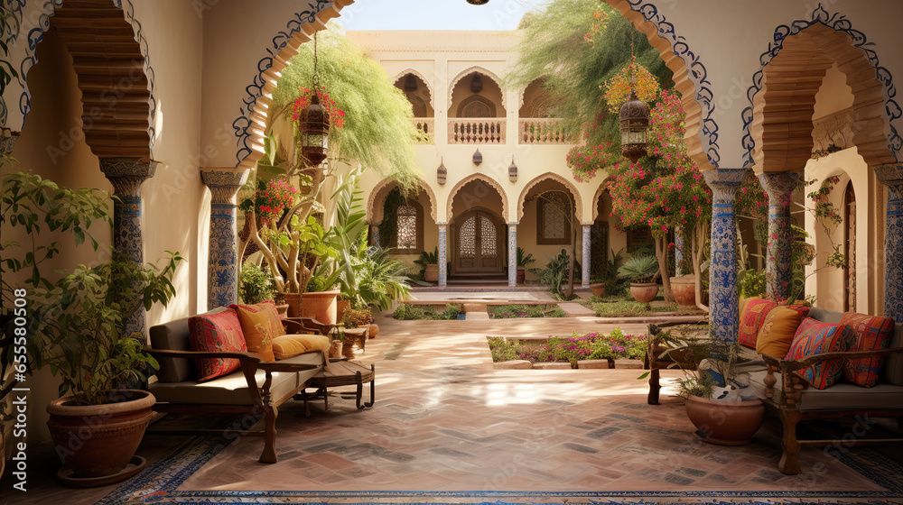 Traditional Indian Courtyard With Central Courtyard, Surrounded By Arched Walkways, Colorful Tiles, Potted Plants