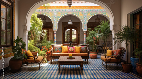 Traditional Indian Courtyard With Central Courtyard, Surrounded By Arched Walkways, Colorful Tiles, Potted Plants