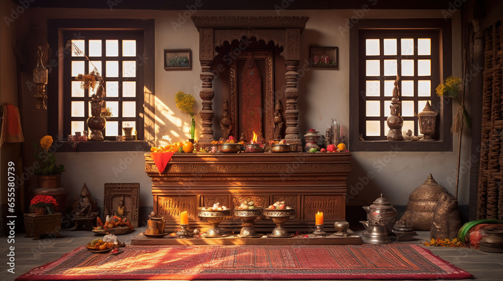 Traditional Indian Pooja Room, Carved Wooden Altar, Holy Statues, Incense Holder and Colorful Rangoli Designs - obrazy, fototapety, plakaty 