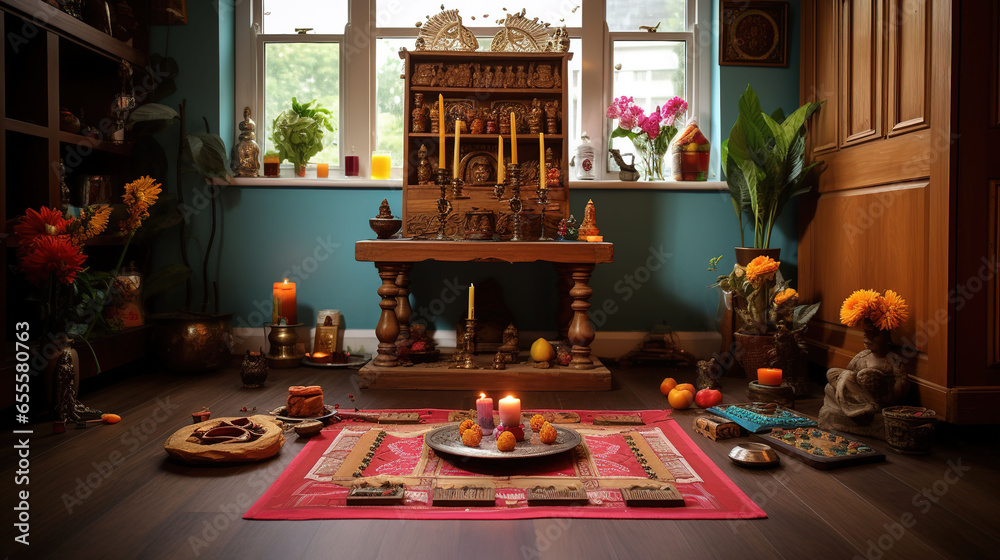 Traditional Indian Pooja Room, Carved Wooden Altar, Holy Statues, Incense Holder and Colorful Rangoli Designs - obrazy, fototapety, plakaty 
