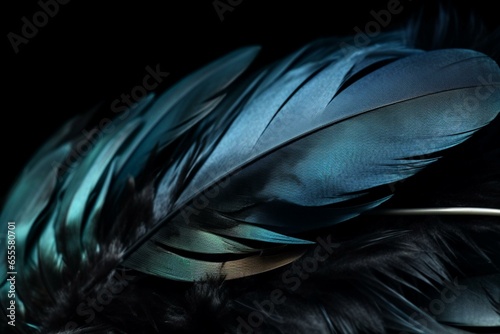 Close-up blue feather on black background with blurry image of feathers and bird's feathers. Generative AI