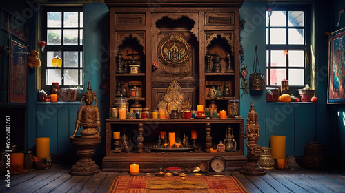 Traditional Indian Pooja Room, Carved Wooden Altar, Holy Statues, Incense Holder and Colorful Rangoli Designs photo