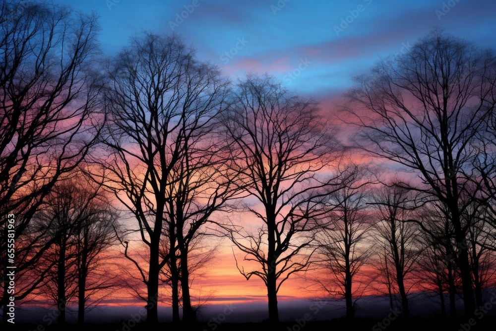 trees silhouetted against a chilled dawn sky