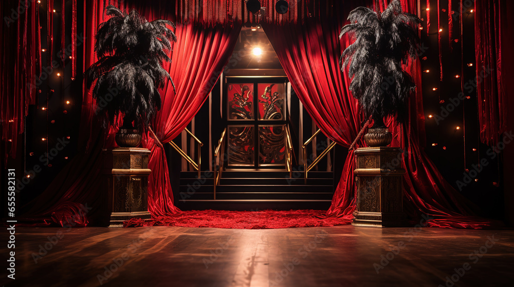 Hollywood Inspiration, Glamorous Photo Booth with Sequin Backdrop, Red Carpet, Velvet Laces - obrazy, fototapety, plakaty 