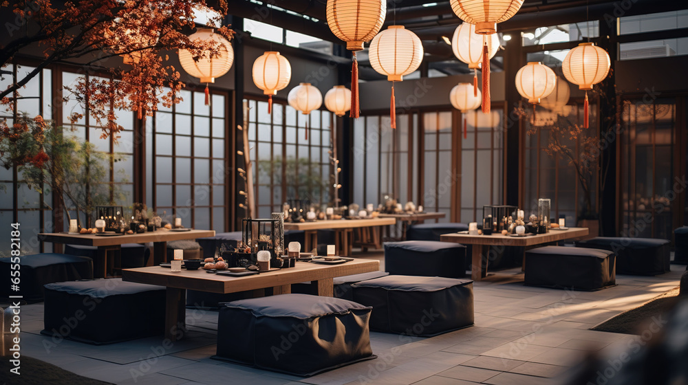 Japanese Style Wedding Reception with Low Dining Table, Floor Cushions, Paper Lanterns and Floral Decorations - obrazy, fototapety, plakaty 