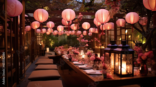 Japanese Style Wedding Reception with Low Dining Table, Floor Cushions, Paper Lanterns and Floral Decorations photo