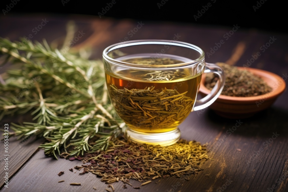 Fototapeta premium a cup of herbal tea next to dried herbs