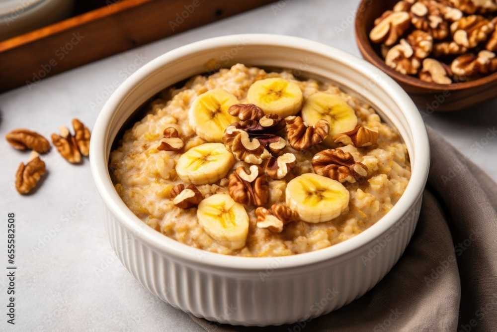 cooked oatmeal topped with bananas and walnuts cooked oatmeal topped with bananas and walnuts
