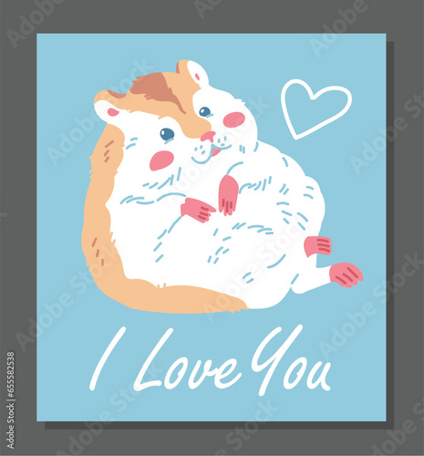 Cute ginger fat hamster with white belly, funny fluffy pet cartoon vector, small adorable home anima, I love you poster