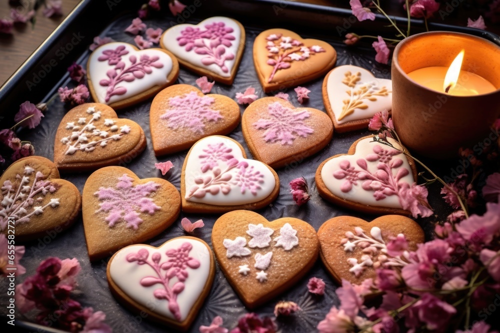 heart-shaped cookies decorated with icing on a baking tray