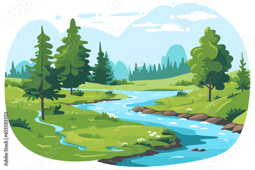 Landscape with river and forest in flat style. Vector illustration.