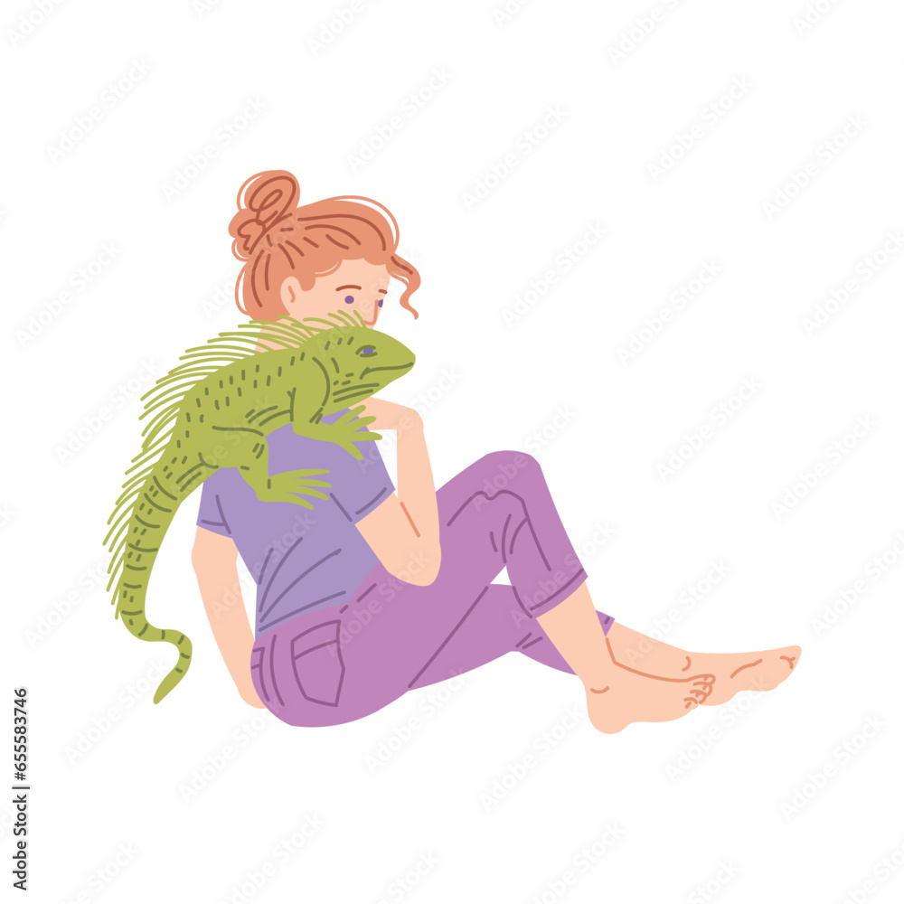 Woman is looking on green guana sitting on shoulder, cartoon chameleon lizard, vector pet reptile, exotic home animal Woman is looking on green guana sitting on shoulder, cartoon chameleon lizard, vector pet reptile, exotic home animal