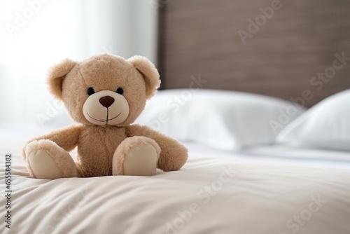 a soft plush teddy bear on an empty bed