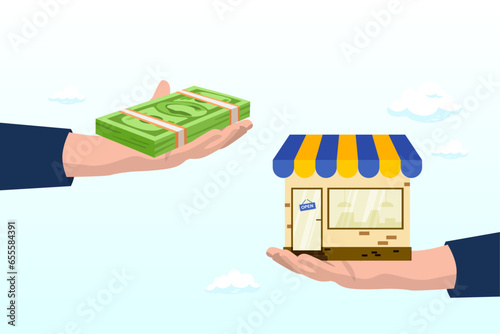 Businessman offer money to buy other hand offer company or shop building, company buyout, acquisition agreement or takeover, selling company offer or merger, franchise business (Vector)