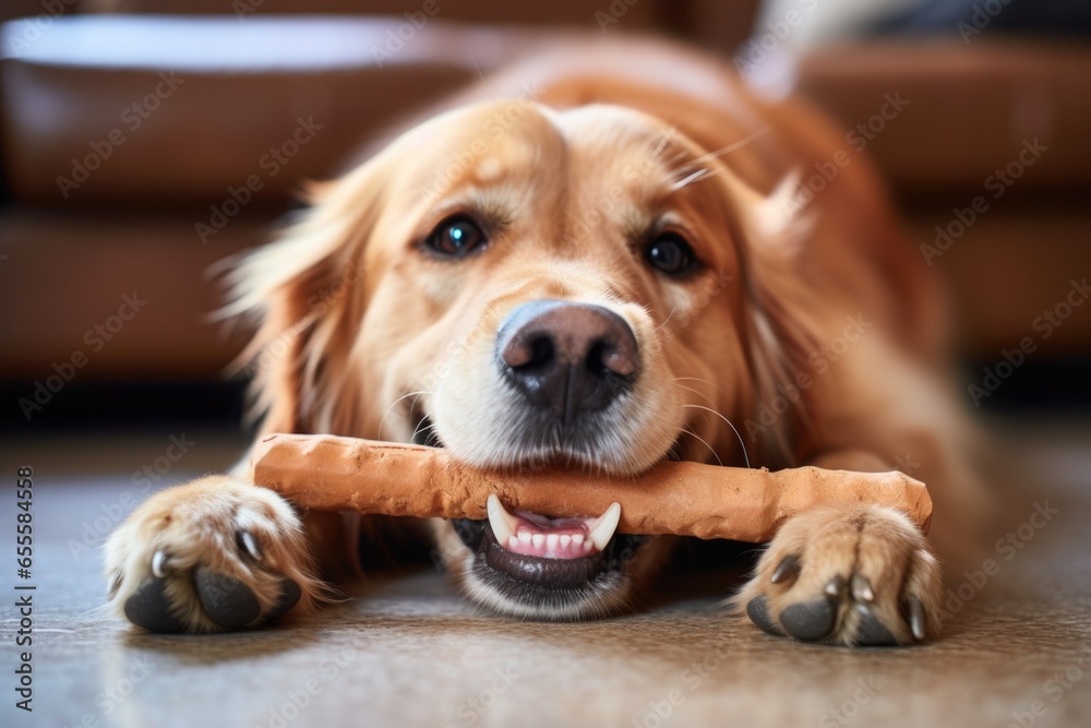 a dog chewing a dental care bone - obrazy, fototapety, plakaty 