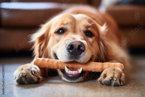 a dog chewing a dental care bone