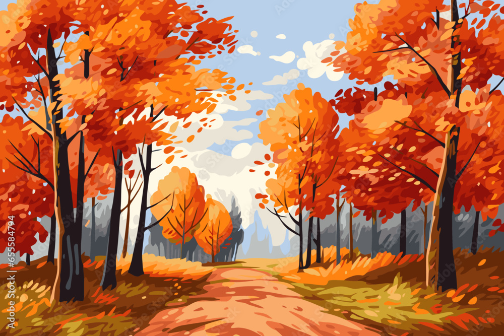 Autumn forest landscape with road and colorful trees. Vector illustration.