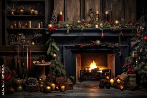 shot of a fireplace with christmas decorations