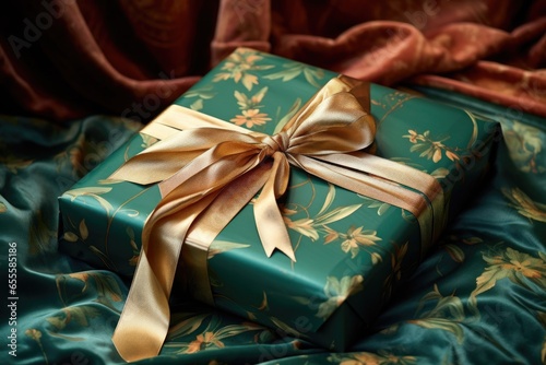 christmas present in green wrapping paper with gold ribbon