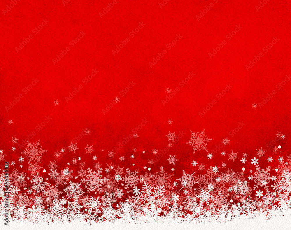雪の結晶が舞うクリスマスの赤色の水彩画背景イラスト