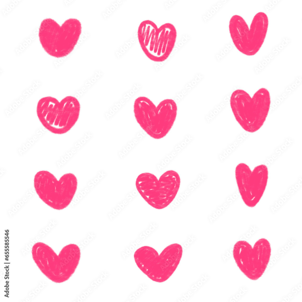 Hand drawn hearts. Design elements for Valentine's day. Hand drawn rough marker hearts isolated on white background. Set of unique hand drawn hearts. Painted design elements.