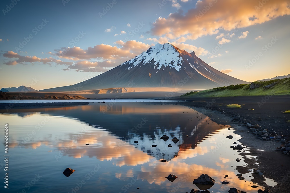 Volcanic mountain in morning light reflected in calm waters of lake (1)