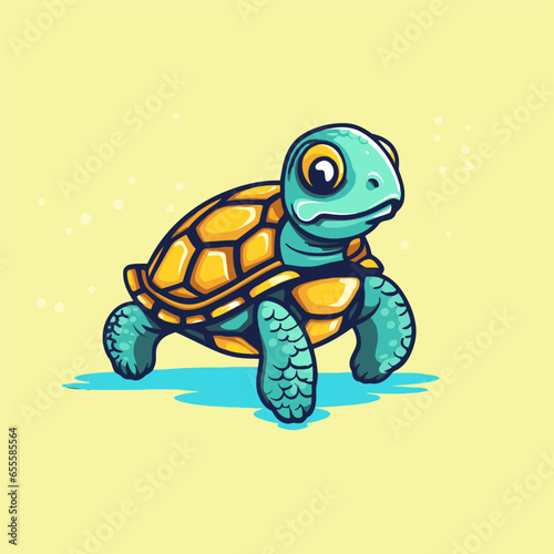 Cute cartoon turtle. Vector illustration of a sea animal. Isolated on yellow background.