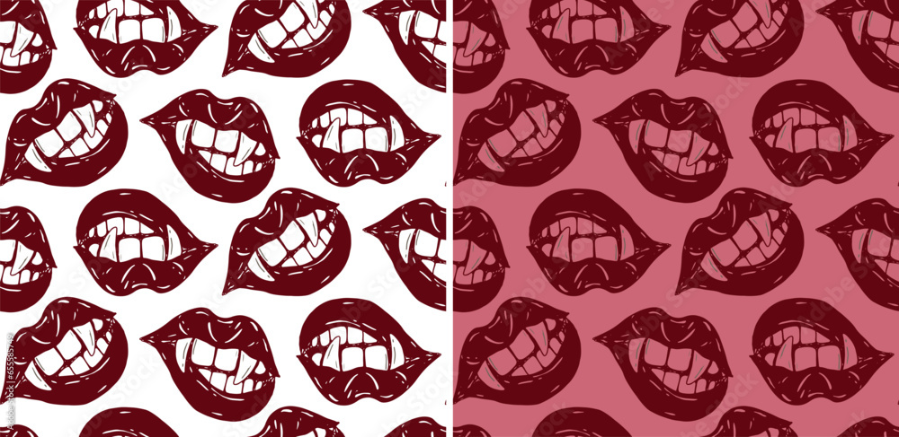 Pattern background with bright lips. Vampire girl lips with fangs