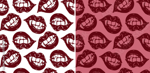 Pattern background with bright lips. Vampire girl lips with fangs