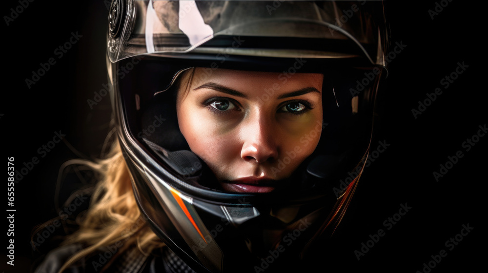 A beautiful woman in motorcycle helmet. Generative Ai