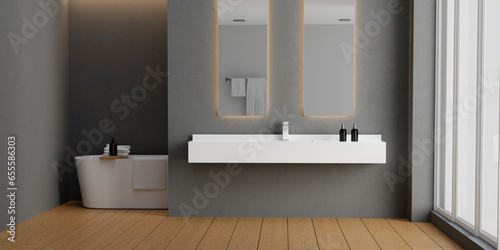 Minimal style white bathroom 3d render  grey wall and wood floor  The room has large windows. 3d render