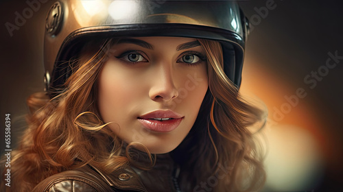 A beautiful woman in motorcycle helmet. Generative Ai © tong2530