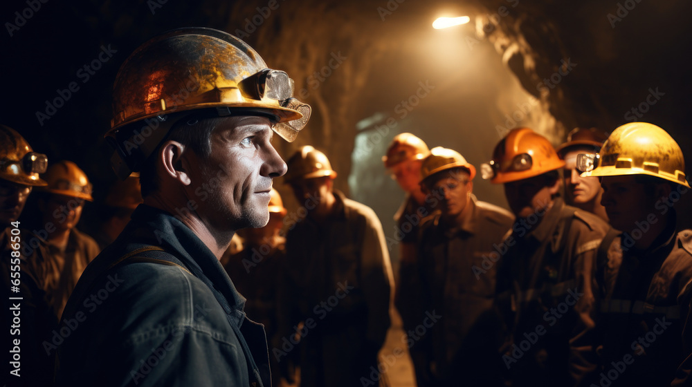 The engineer talking with group labor in the mine tunnel The engineer talking with group labor in the mine tunnel